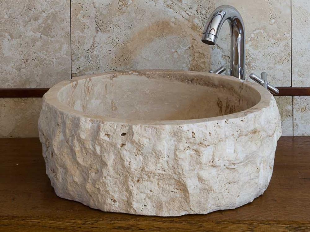 Travertin extérieur pour évier fendu 42 x 42 x 15 cm