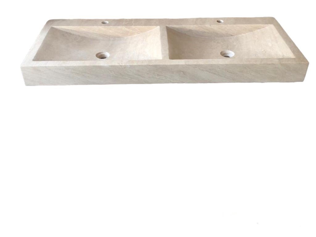 Double Lavabo en Travertin - Fabriqué à la Main en Pierre Naturelle - 120 x 45 x 10 cm