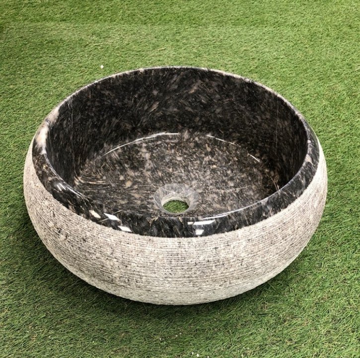 Vasque en Pierre Naturelle Fait Main à Rayures Noires - 35 x 16 cm